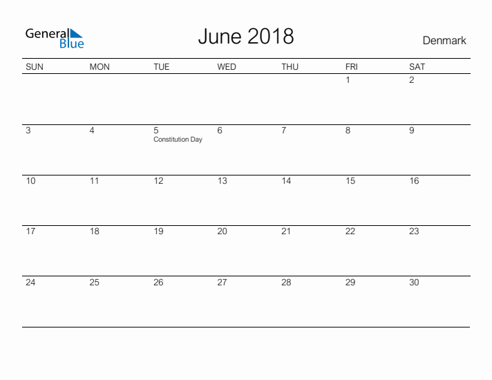 Printable June 2018 Calendar for Denmark