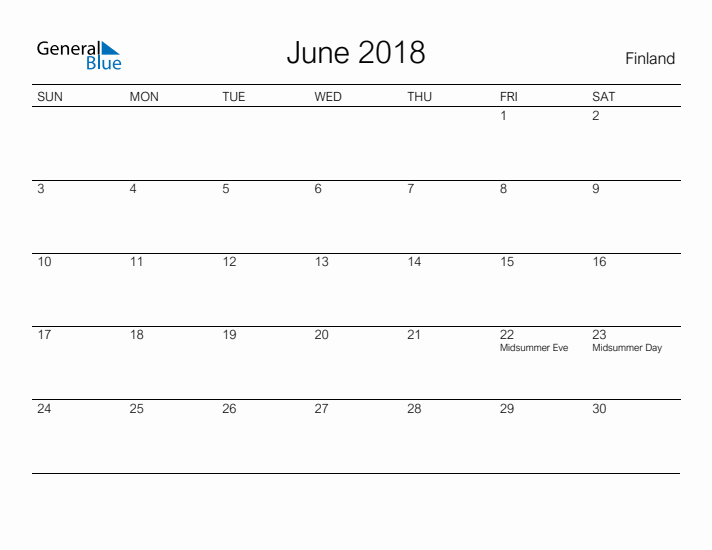 Printable June 2018 Calendar for Finland
