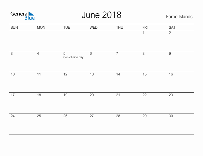 Printable June 2018 Calendar for Faroe Islands