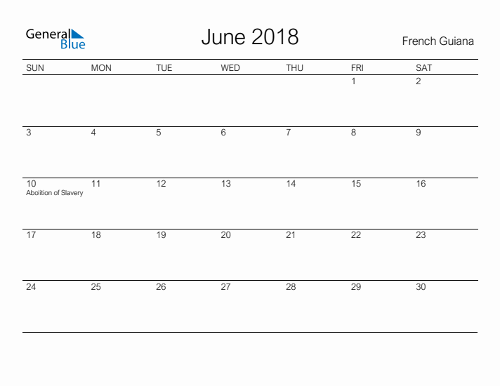 Printable June 2018 Calendar for French Guiana