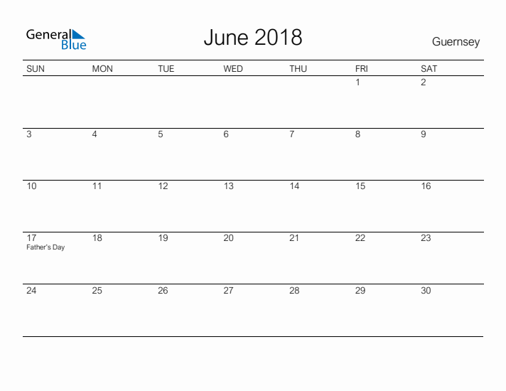 Printable June 2018 Calendar for Guernsey