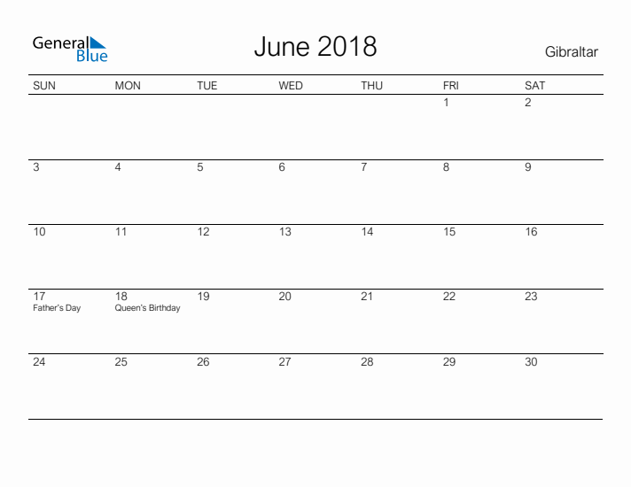Printable June 2018 Calendar for Gibraltar