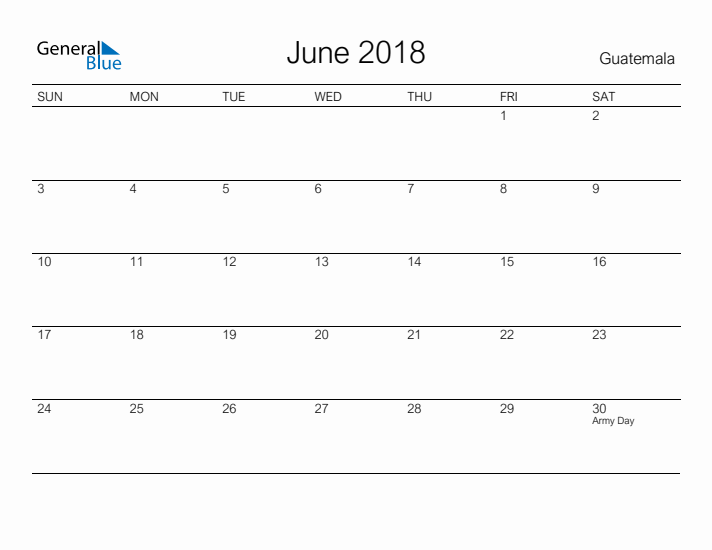 Printable June 2018 Calendar for Guatemala