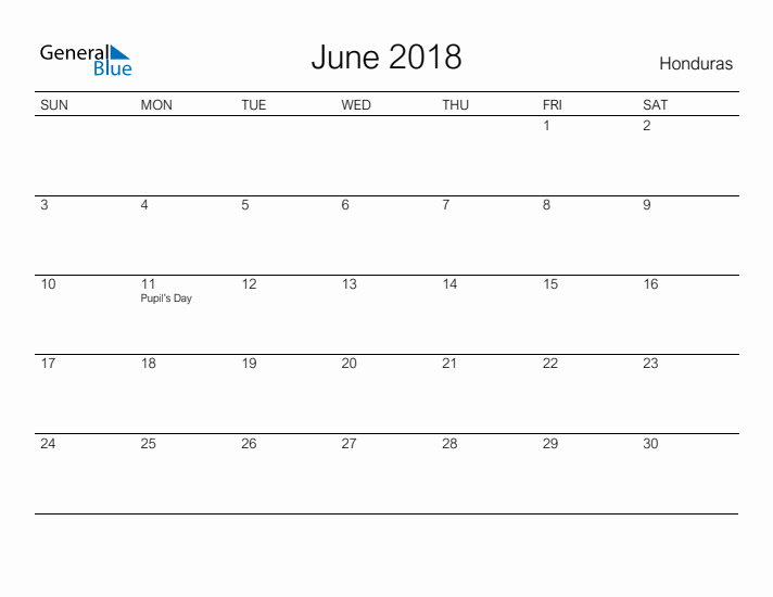 Printable June 2018 Calendar for Honduras