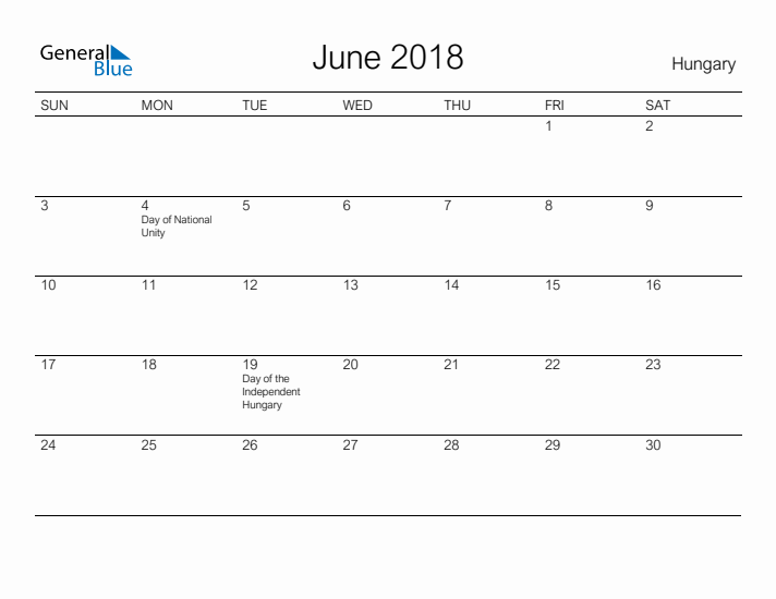 Printable June 2018 Calendar for Hungary