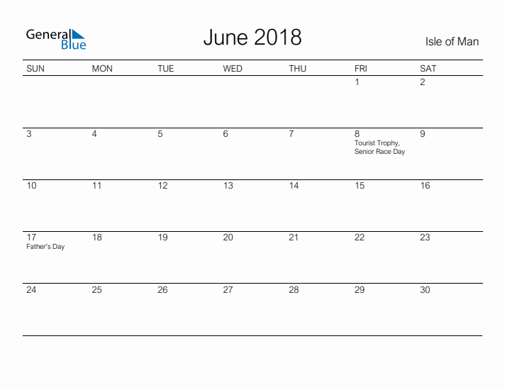 Printable June 2018 Calendar for Isle of Man