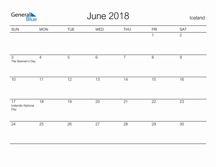 Printable June 2018 Calendar for Iceland