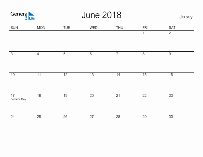 Printable June 2018 Calendar for Jersey