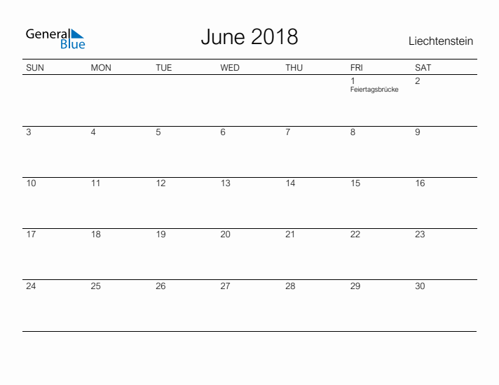 Printable June 2018 Calendar for Liechtenstein
