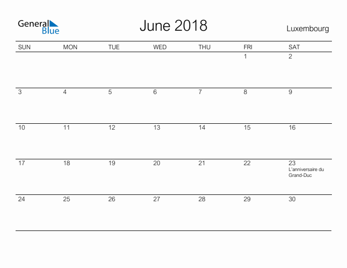 Printable June 2018 Calendar for Luxembourg
