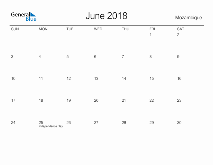 Printable June 2018 Calendar for Mozambique