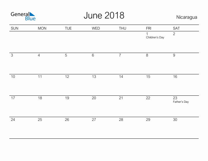 Printable June 2018 Calendar for Nicaragua