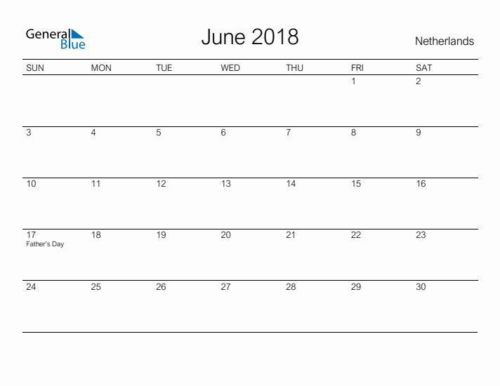 Printable June 2018 Calendar for The Netherlands