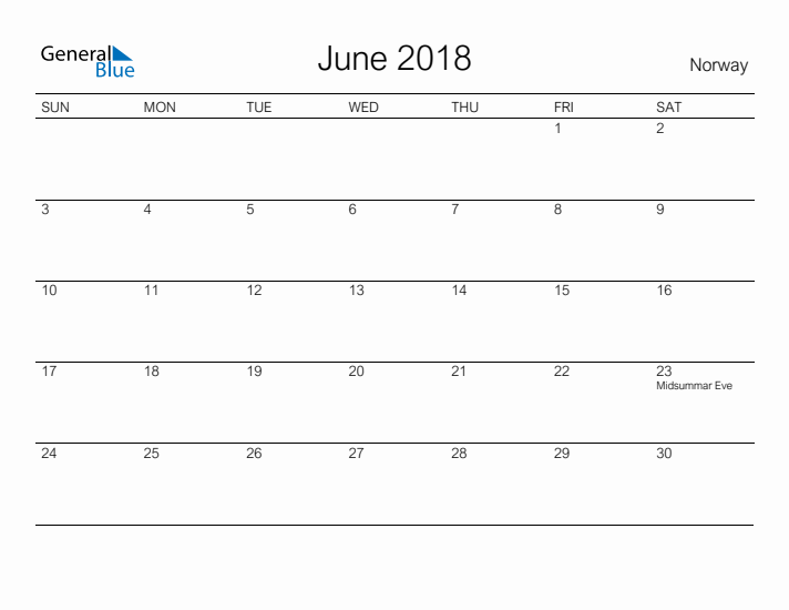 Printable June 2018 Calendar for Norway