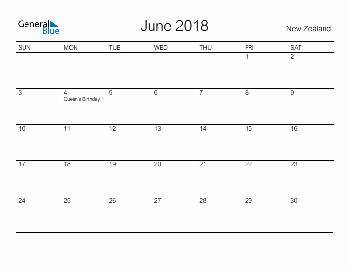 Printable June 2018 Calendar for New Zealand
