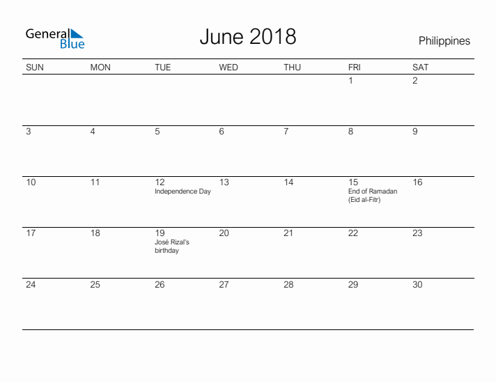 Printable June 2018 Calendar for Philippines