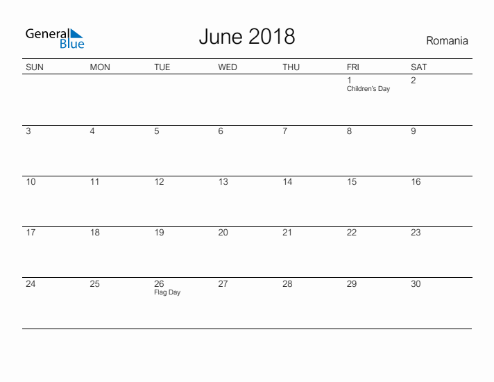 Printable June 2018 Calendar for Romania