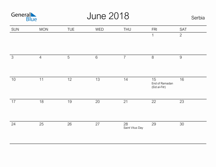 Printable June 2018 Calendar for Serbia