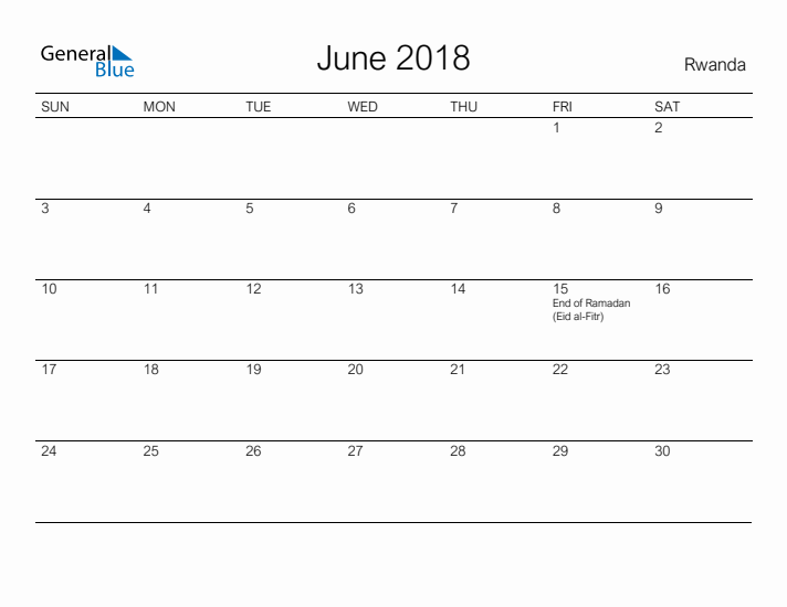 Printable June 2018 Calendar for Rwanda