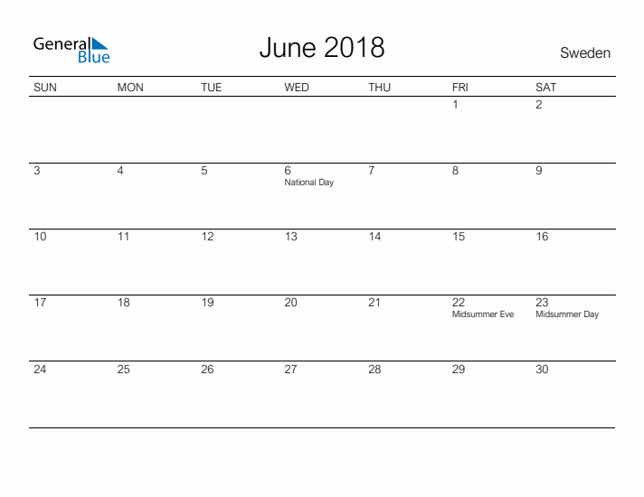Printable June 2018 Calendar for Sweden