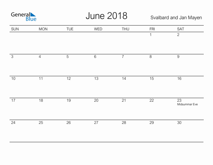 Printable June 2018 Calendar for Svalbard and Jan Mayen