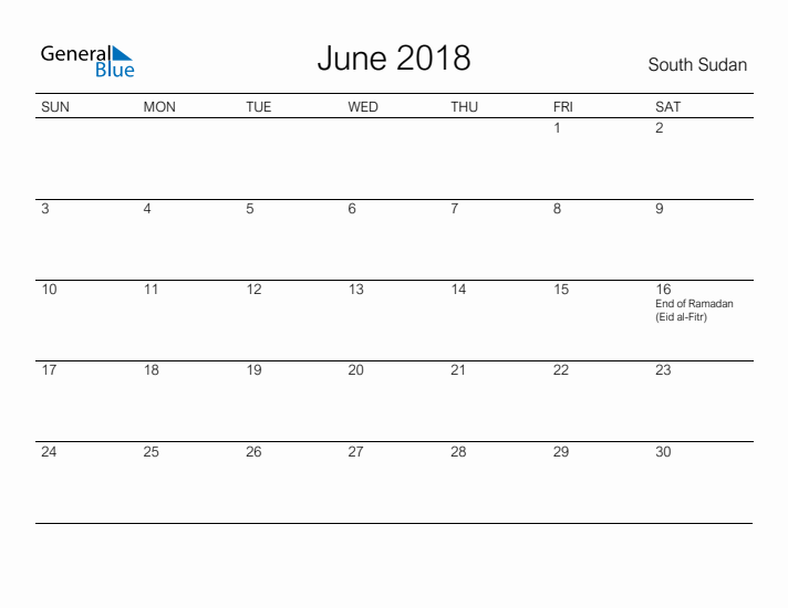 Printable June 2018 Calendar for South Sudan
