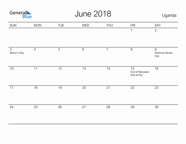 Printable June 2018 Calendar for Uganda