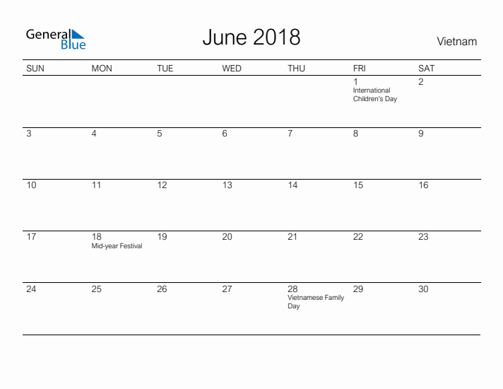 Printable June 2018 Calendar for Vietnam
