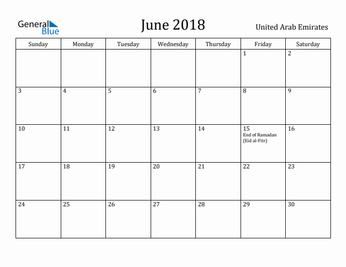 June 2018 Calendar United Arab Emirates