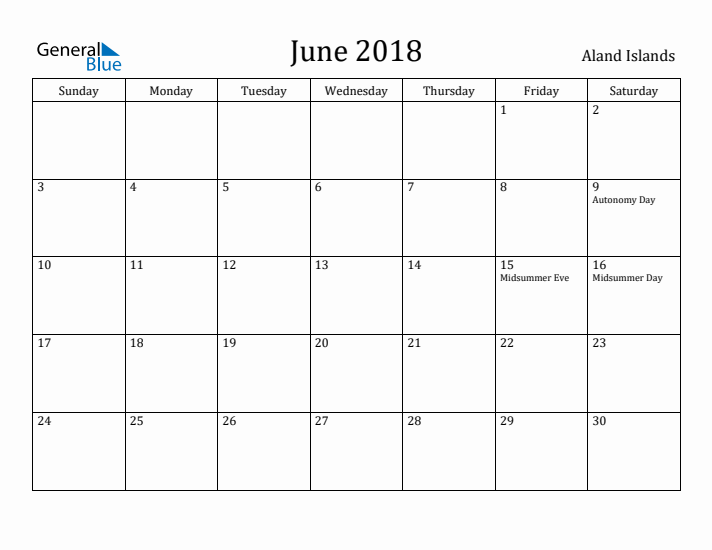 June 2018 Calendar Aland Islands