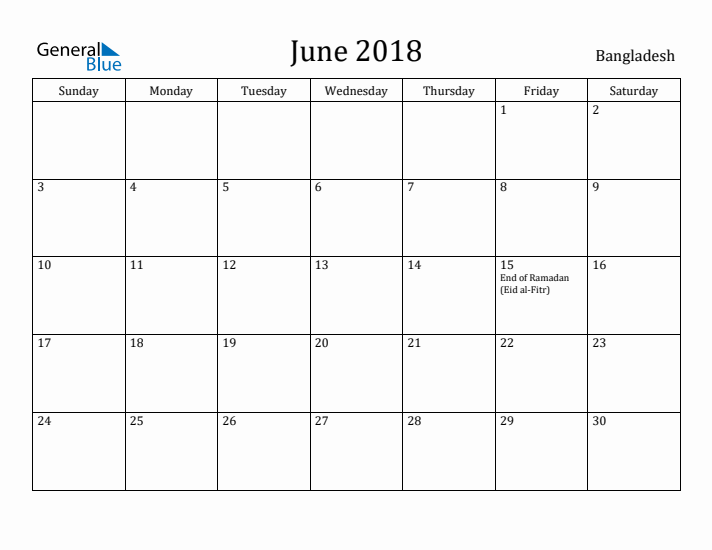 June 2018 Calendar Bangladesh