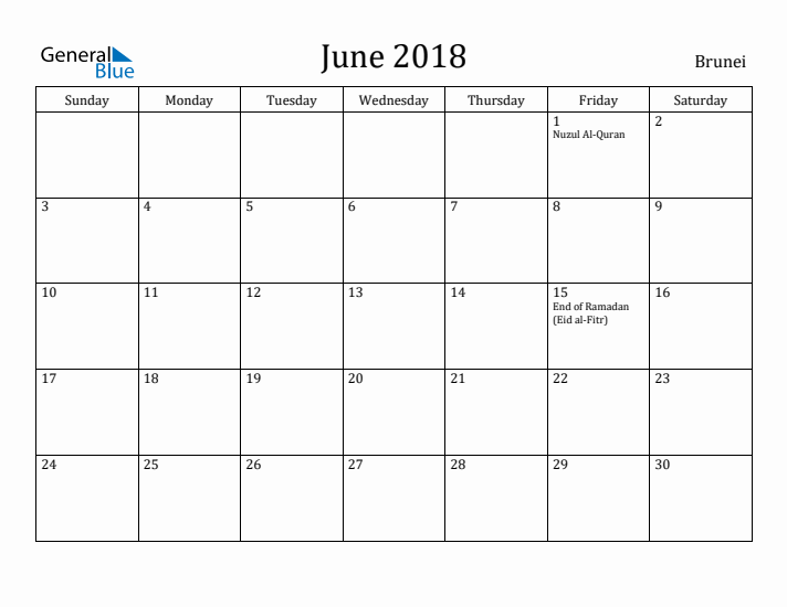 June 2018 Calendar Brunei