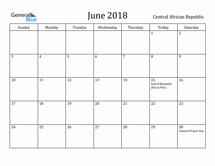 June 2018 Calendar Central African Republic