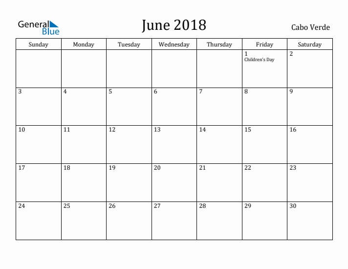 June 2018 Calendar Cabo Verde