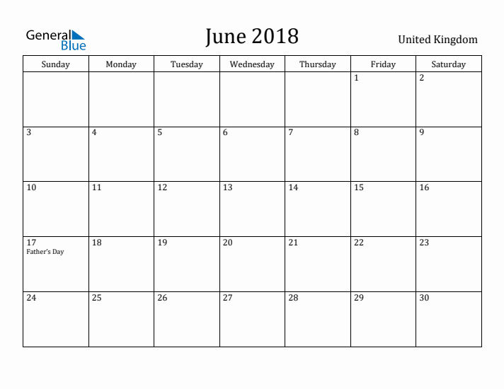 June 2018 Calendar United Kingdom