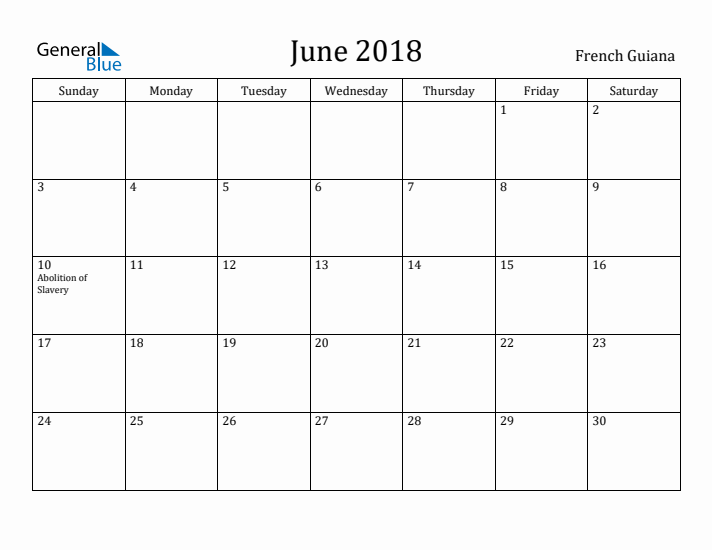 June 2018 Calendar French Guiana