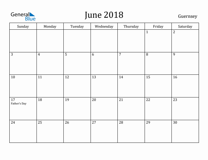 June 2018 Calendar Guernsey