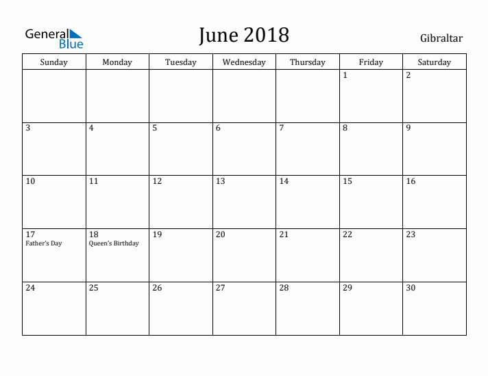 June 2018 Calendar Gibraltar