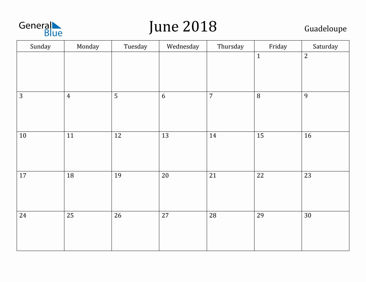 June 2018 Monthly Calendar with Guadeloupe Holidays