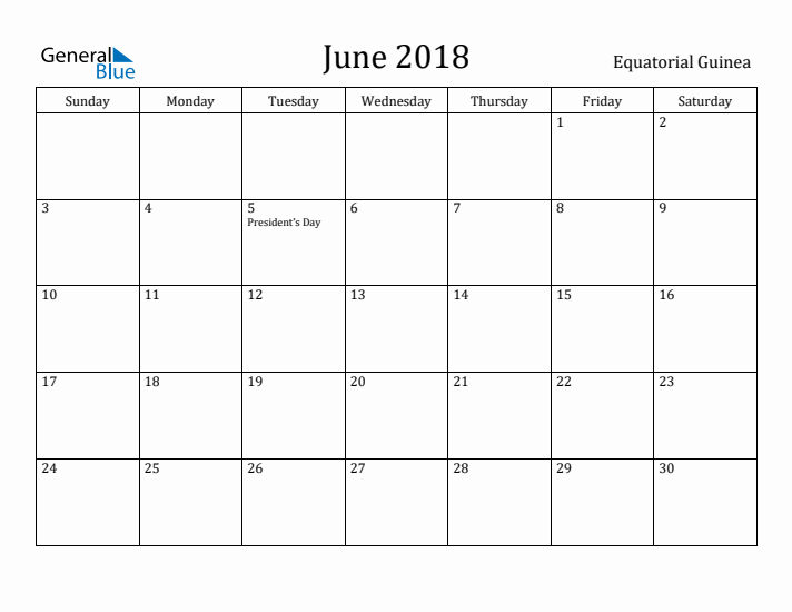 June 2018 Calendar Equatorial Guinea