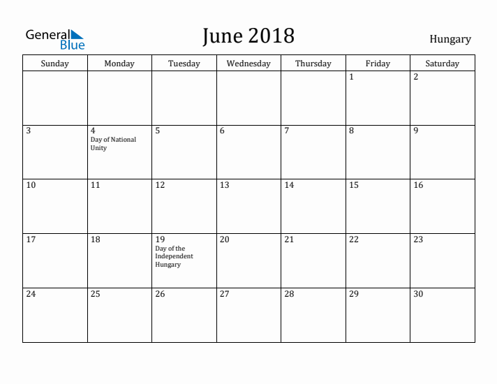 June 2018 Calendar Hungary