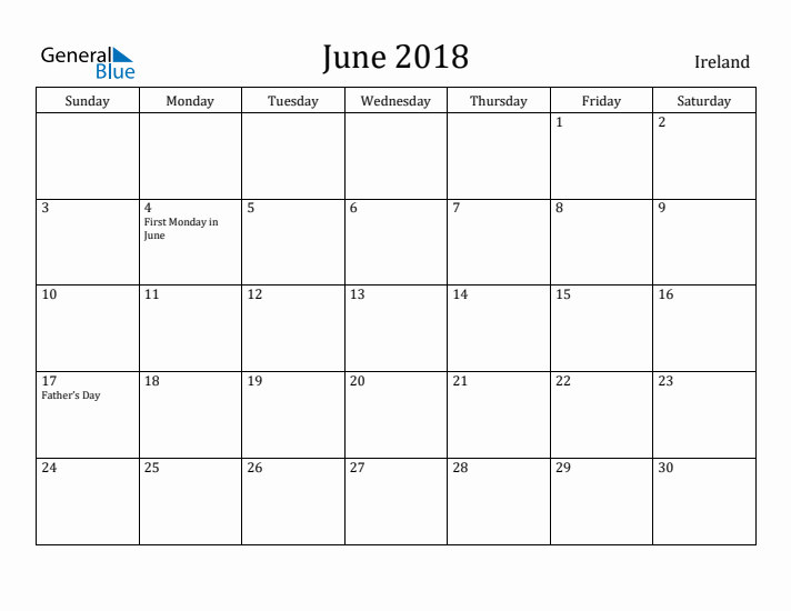 June 2018 Calendar Ireland