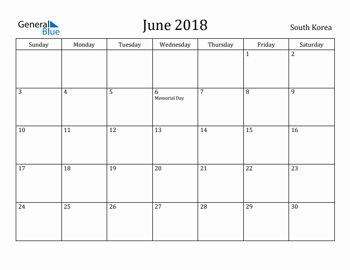 June 2018 Calendar South Korea