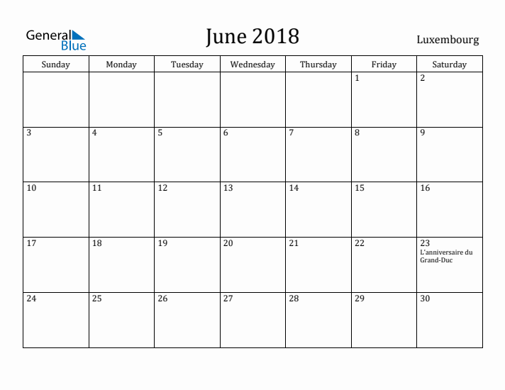 June 2018 Calendar Luxembourg