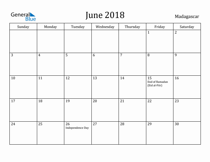 June 2018 Calendar Madagascar