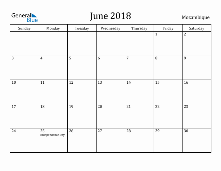 June 2018 Calendar Mozambique
