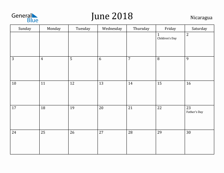 June 2018 Calendar Nicaragua