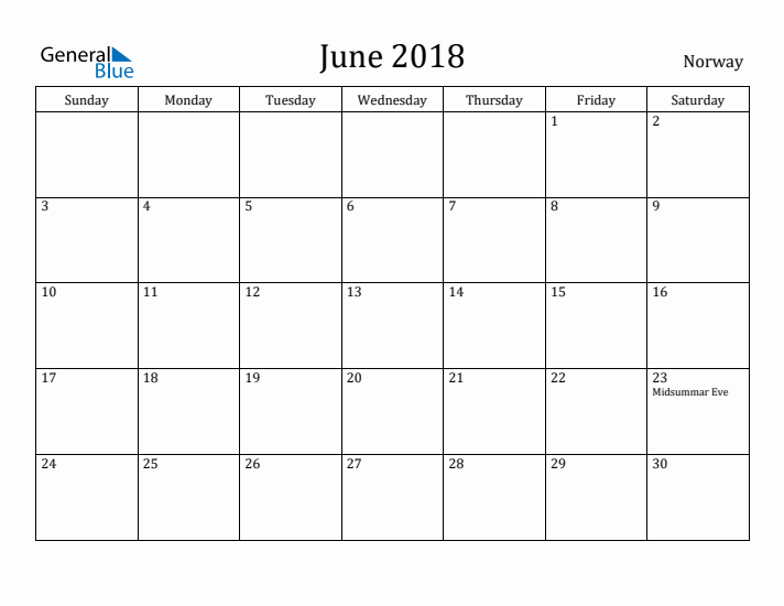 June 2018 Calendar Norway