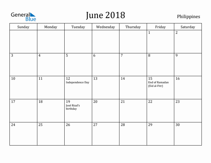 June 2018 Calendar Philippines