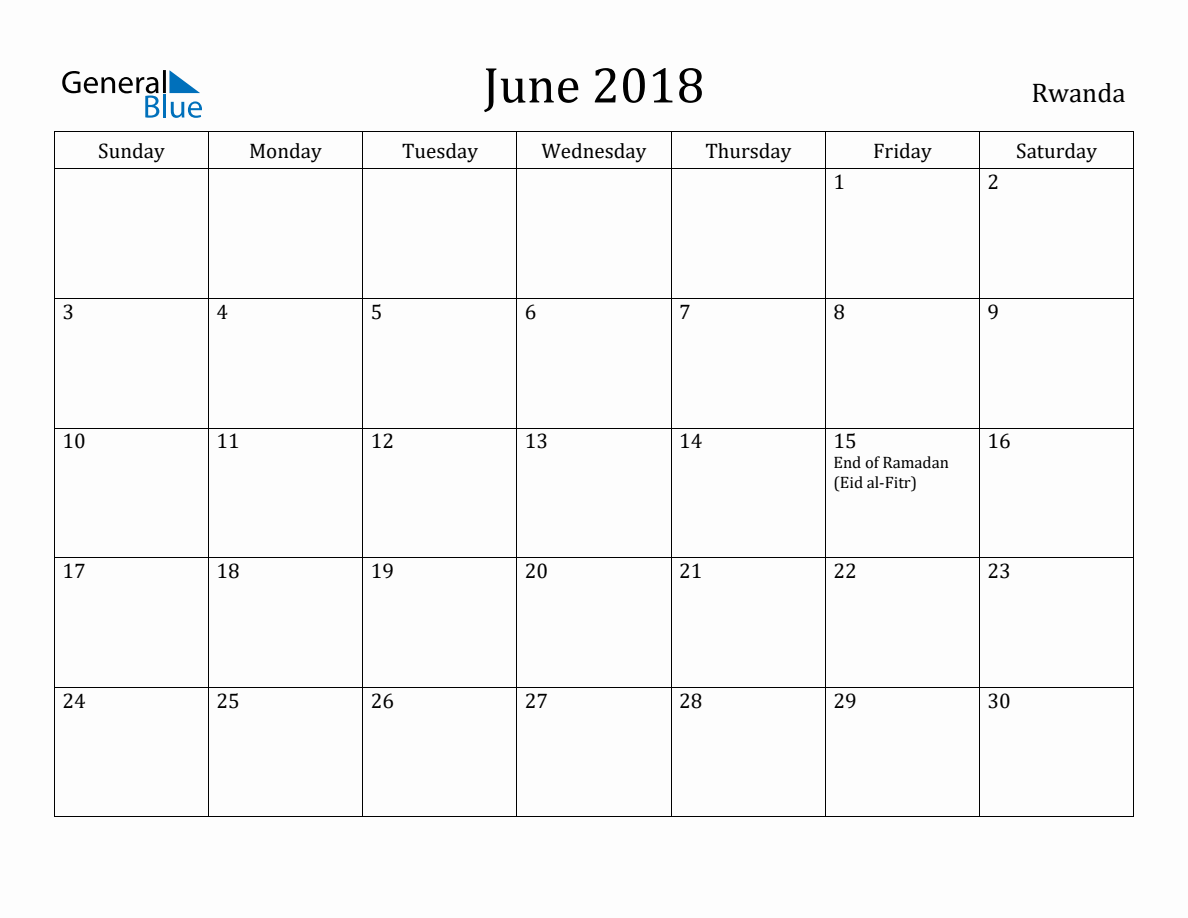 June 2018 Monthly Calendar with Rwanda Holidays